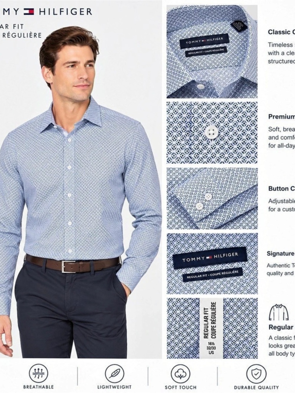 Tommy Hilfiger Regular Fit Classic Collar Shirt Geometric Cotton Dress Shirt